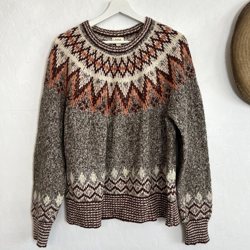 ANA Fair Isle Nordic Yoke CHUNKY Knit Pullover Sweater Brown Sz L Cottage Cabin